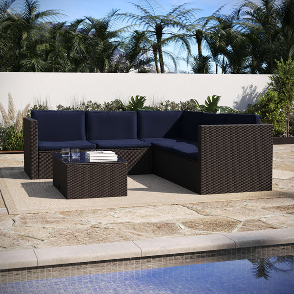 Navy Cushions/Brown Frame |#| Indoor/Outdoor Patio Wicker Rattan Sofa and Table Set in Brown and Navy