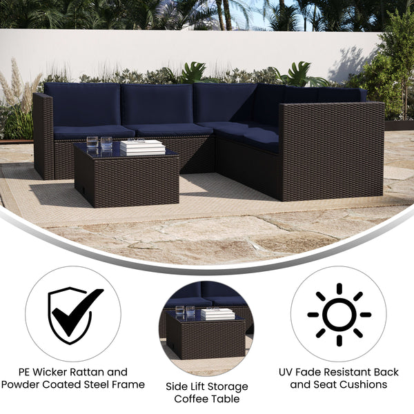 Navy Cushions/Brown Frame |#| Indoor/Outdoor Patio Wicker Rattan Sofa and Table Set in Brown and Navy