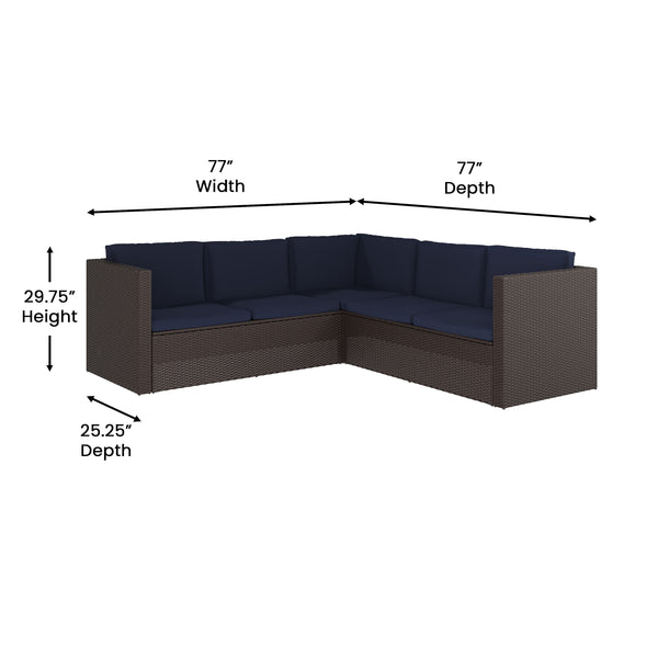 Navy Cushions/Brown Frame |#| Indoor/Outdoor Patio Wicker Rattan Sofa and Table Set in Brown and Navy