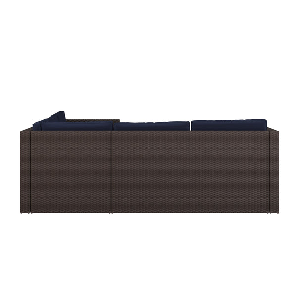 Navy Cushions/Brown Frame |#| Indoor/Outdoor Patio Wicker Rattan Sofa and Table Set in Brown and Navy