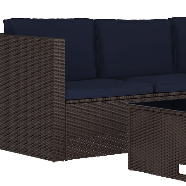 Navy Cushions/Brown Frame |#| Indoor/Outdoor Patio Wicker Rattan Sofa and Table Set in Brown and Navy
