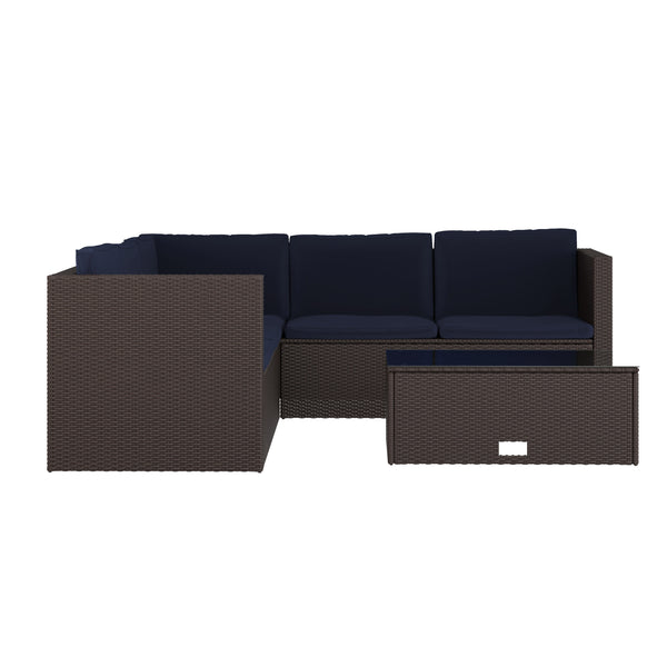 Navy Cushions/Brown Frame |#| Indoor/Outdoor Patio Wicker Rattan Sofa and Table Set in Brown and Navy