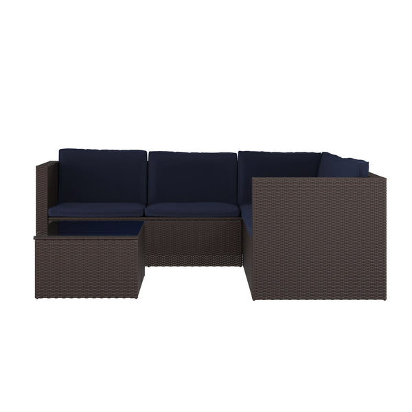 Navy Cushions/Brown Frame |#| Indoor/Outdoor Patio Wicker Rattan Sofa and Table Set in Brown and Navy