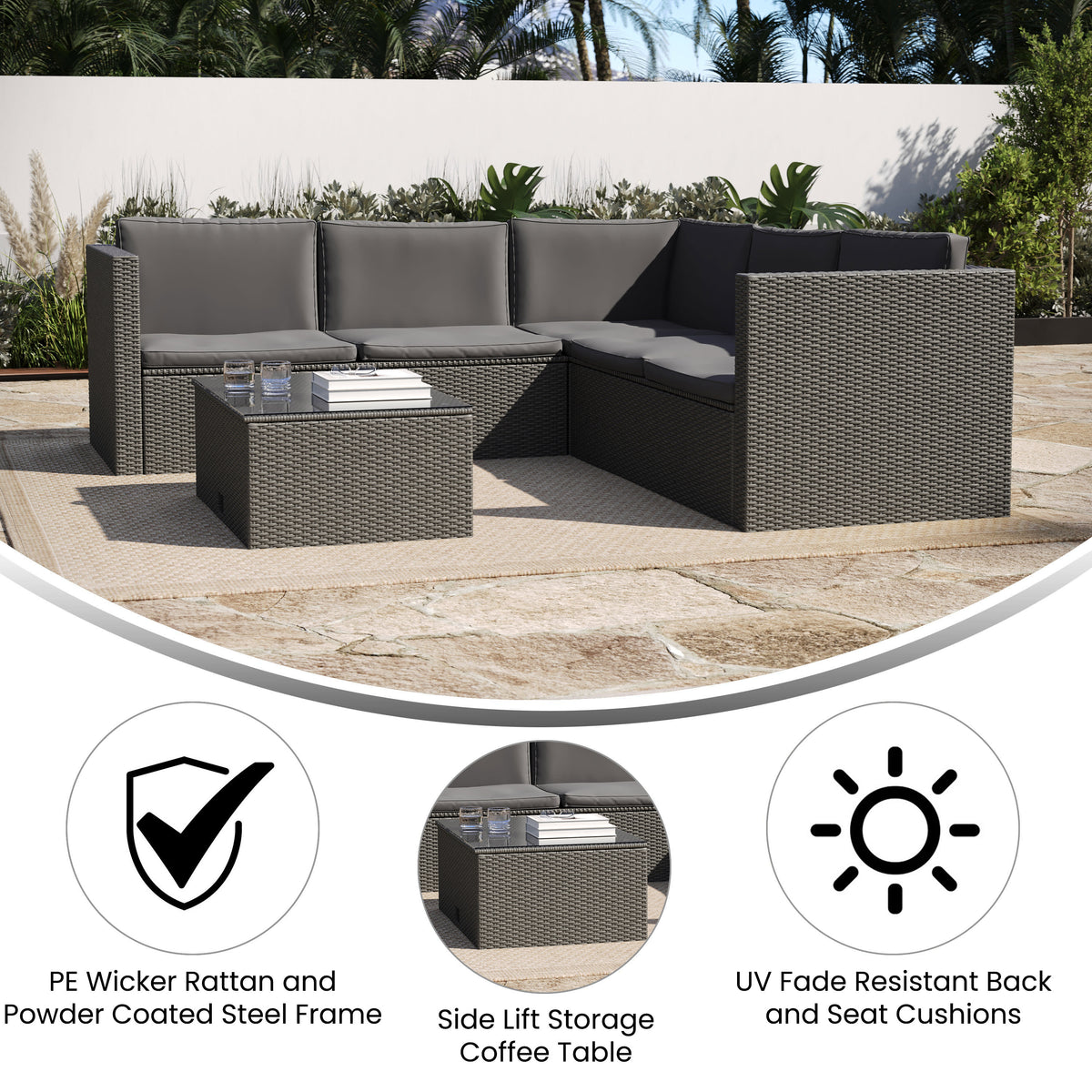 Gray Cushions/Gray Frame |#| Indoor/Outdoor Patio Wicker Rattan Sofa and Table Set in Gray