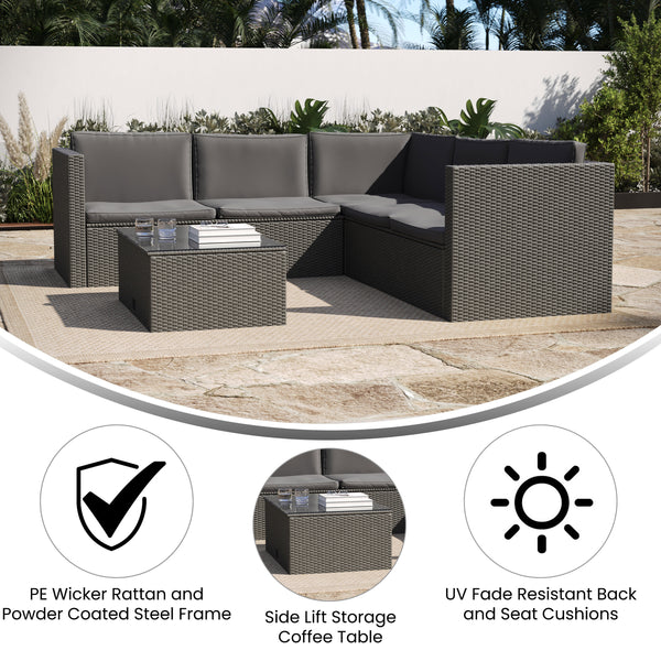 Gray Cushions/Gray Frame |#| Indoor/Outdoor Patio Wicker Rattan Sofa and Table Set in Gray