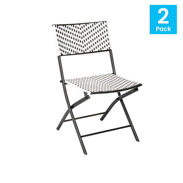 Black & White |#| 2PC Black and White Indoor/Outdoor PE Rattan Folding Bistro Chairs
