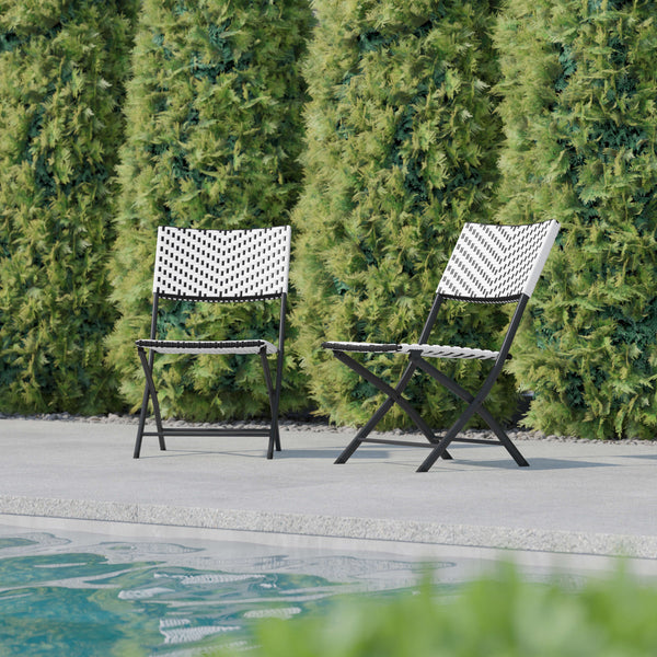 Black & White |#| 2PC Black and White Indoor/Outdoor PE Rattan Folding Bistro Chairs