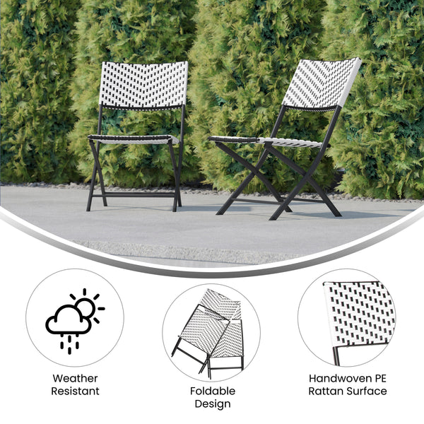 Black & White |#| 2PC Black and White Indoor/Outdoor PE Rattan Folding Bistro Chairs