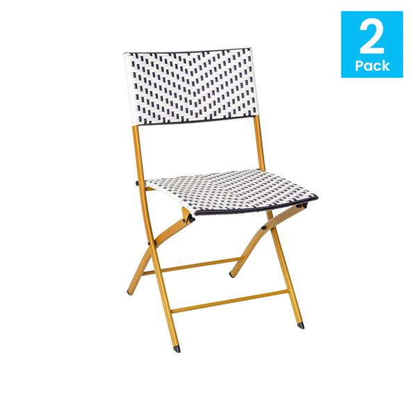 Navy & White |#| 2PC Navy and White Indoor/Outdoor PE Rattan Folding Bistro Chairs