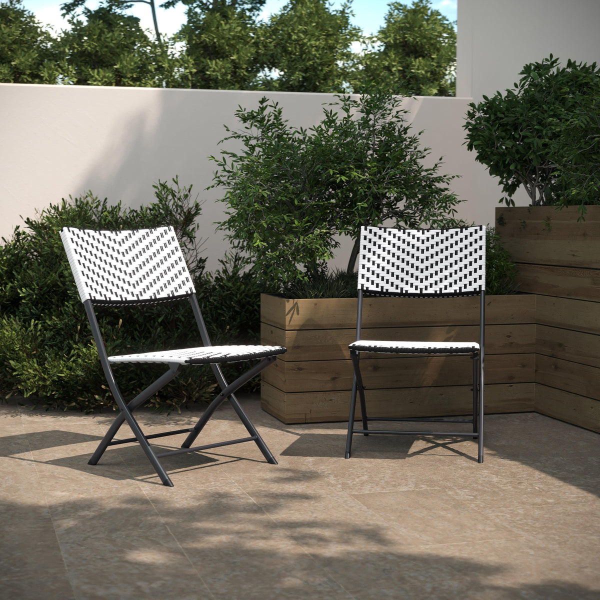 Black & White |#| 2PC Black and White Indoor/Outdoor PE Rattan Folding Bistro Chairs