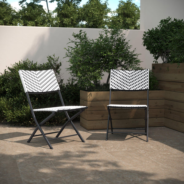 Black & White |#| 2PC Black and White Indoor/Outdoor PE Rattan Folding Bistro Chairs