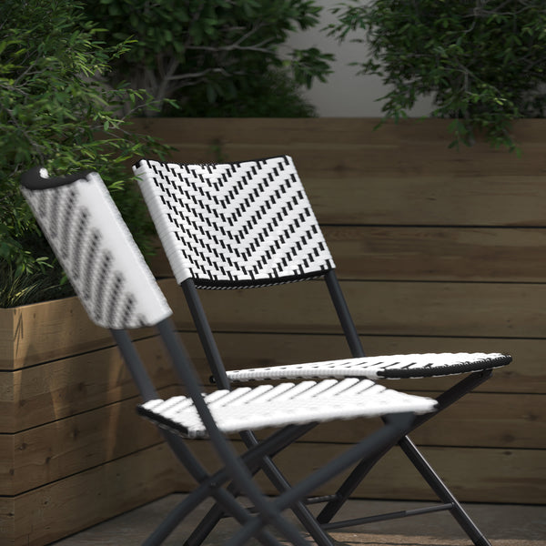 Black & White |#| 2PC Black and White Indoor/Outdoor PE Rattan Folding Bistro Chairs