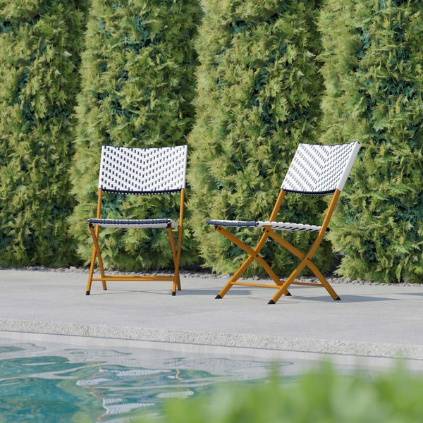 Navy & White |#| 2PC Navy and White Indoor/Outdoor PE Rattan Folding Bistro Chairs