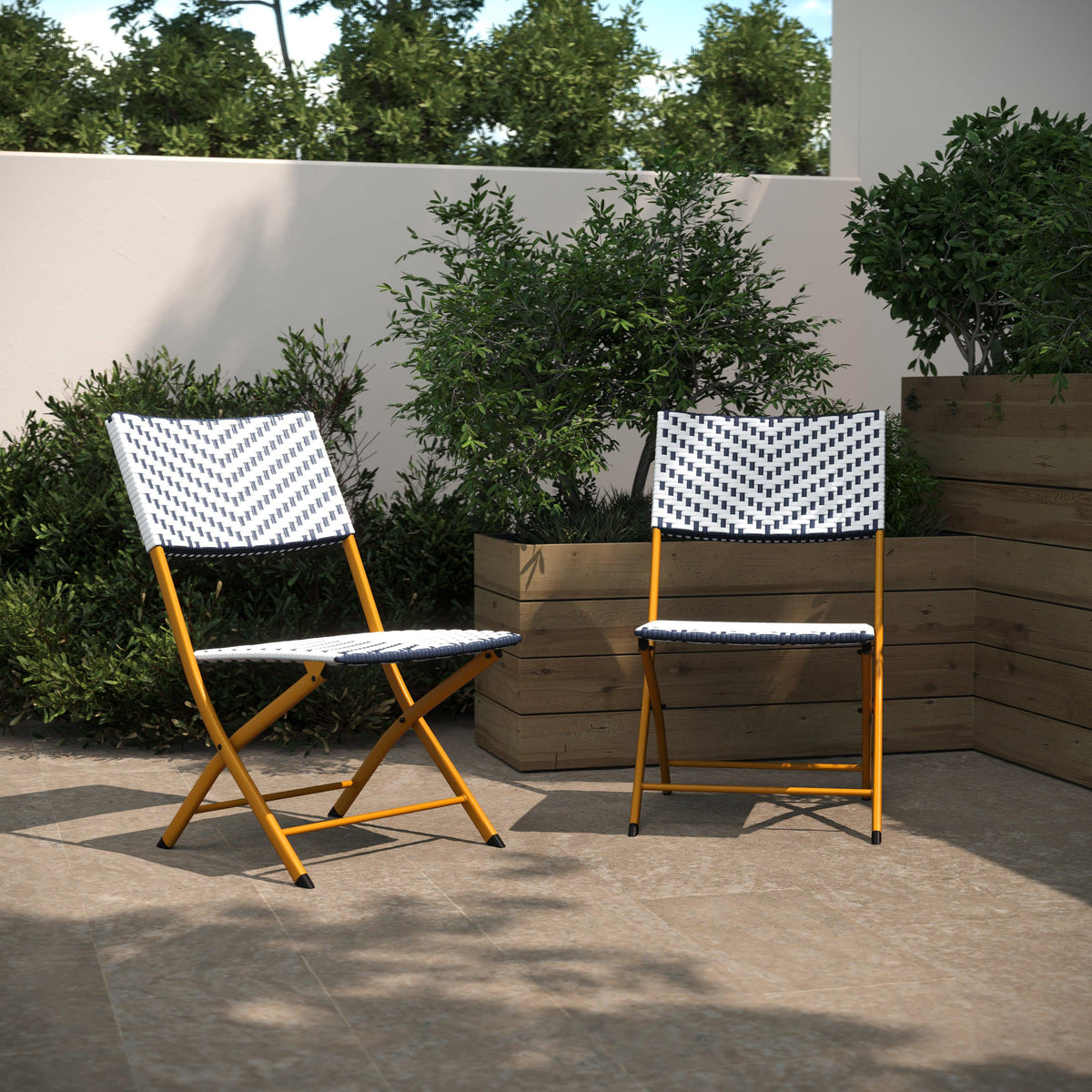 Navy & White |#| 2PC Navy and White Indoor/Outdoor PE Rattan Folding Bistro Chairs