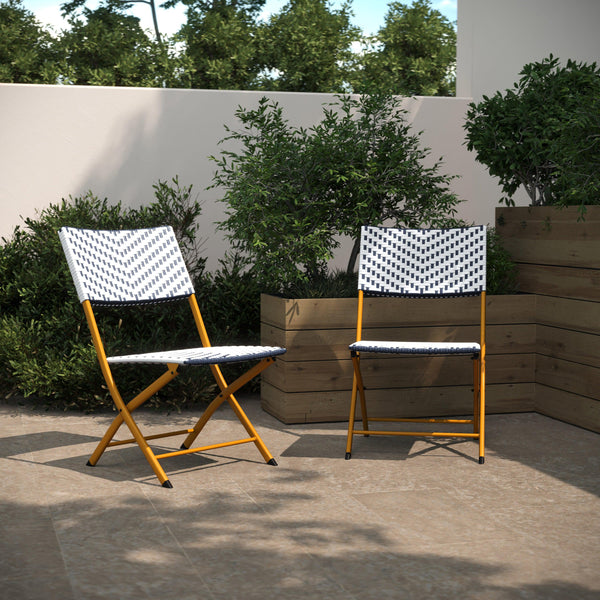 Navy & White |#| 2PC Navy and White Indoor/Outdoor PE Rattan Folding Bistro Chairs