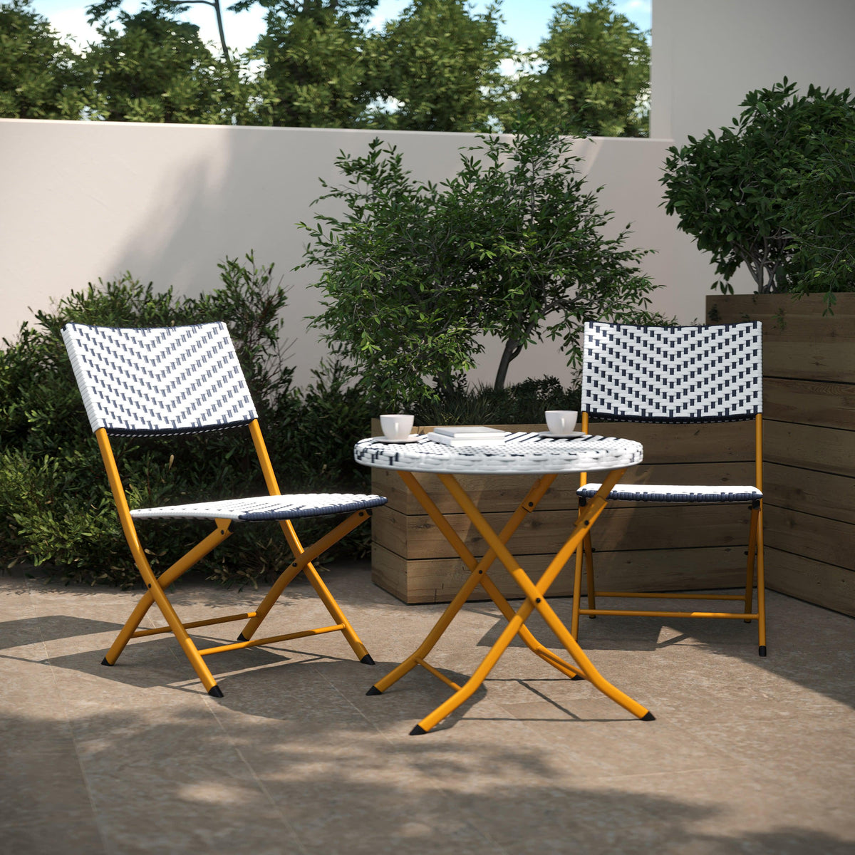 Navy & White |#| 3PC Navy and White Indoor/Outdoor PE Rattan Folding Bistro Set