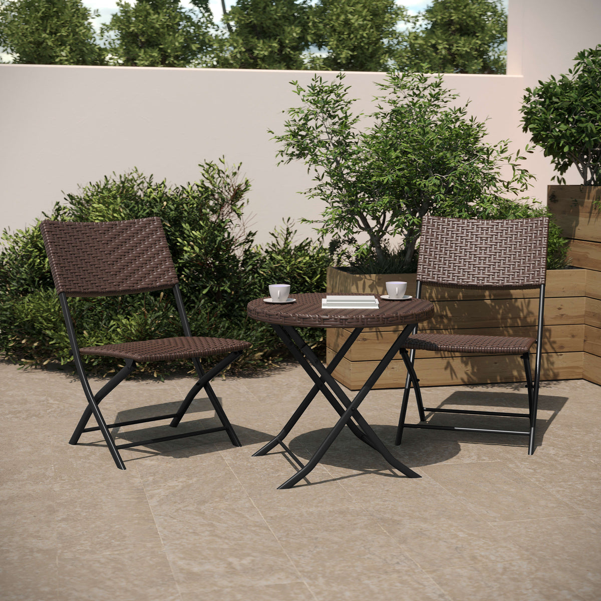 Brown |#| 3PC Brown and Black Indoor/Outdoor PE Rattan Folding Bistro Set