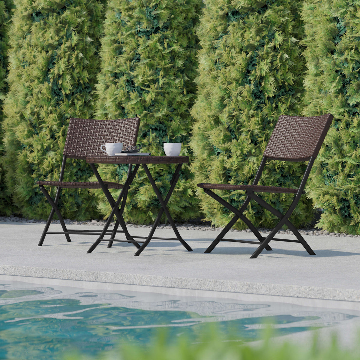 Brown |#| 3PC Brown and Black Indoor/Outdoor PE Rattan Folding Bistro Set