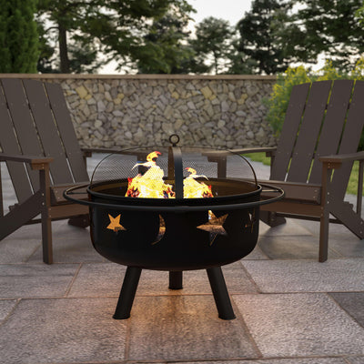 Round Wood Burning Firepit with Mesh Spark Screen