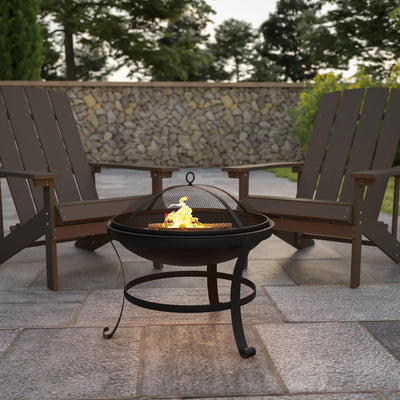 Round Wood Burning Firepit with Mesh Spark Screen and Poker