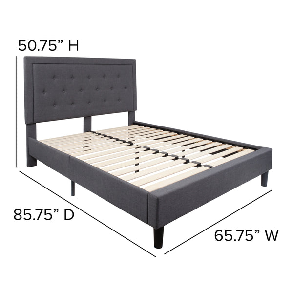 Dark Gray,Queen |#| Queen Size Panel Tufted Upholstered Platform Bed in Dark Gray Fabric