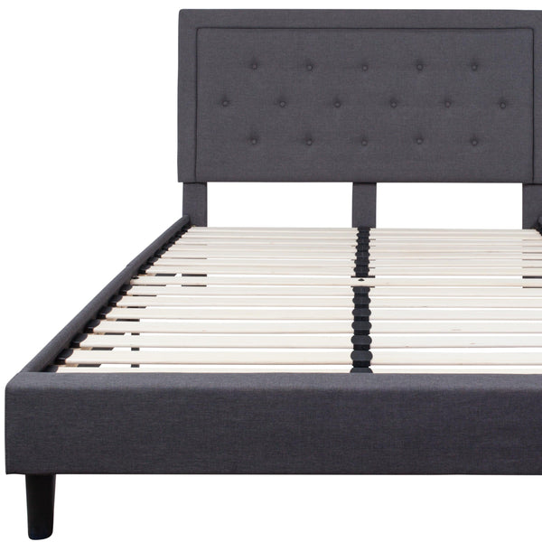 Dark Gray,Queen |#| Queen Size Panel Tufted Upholstered Platform Bed in Dark Gray Fabric