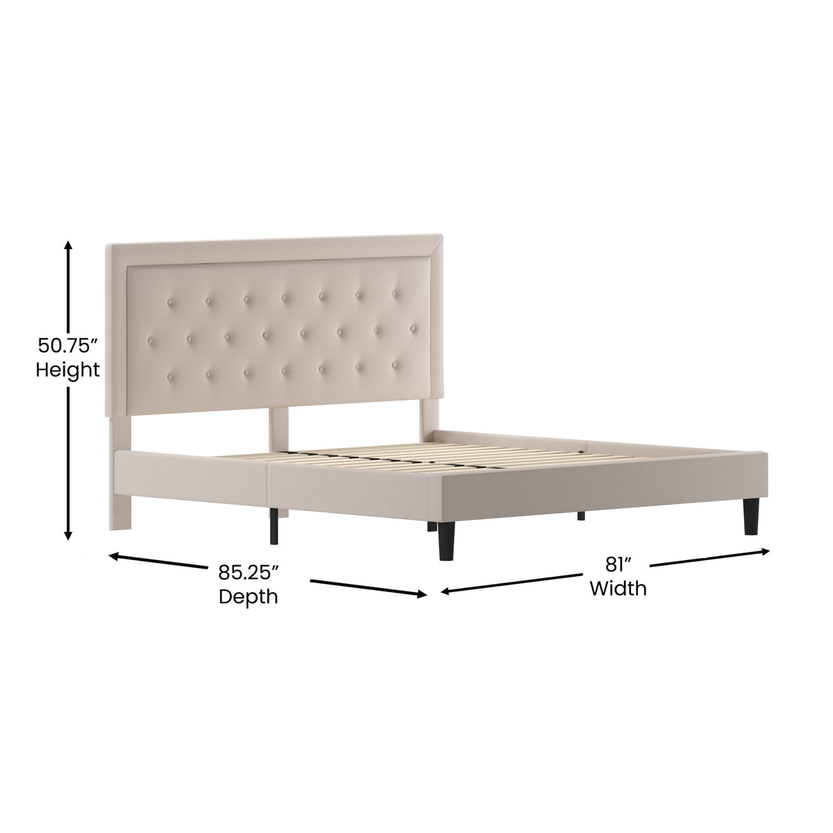 Beige,King |#| King Size Panel Tufted Upholstered Platform Bed in Beige Fabric