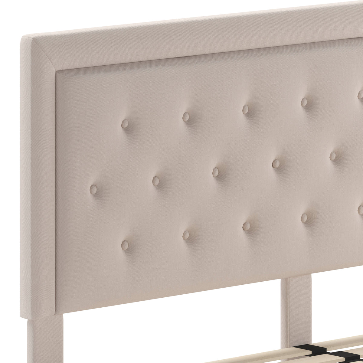 Beige,King |#| King Size Panel Tufted Upholstered Platform Bed in Beige Fabric