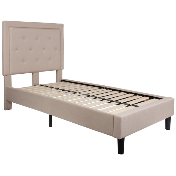 Beige,Twin |#| Twin Size Panel Tufted Upholstered Platform Bed in Beige Fabric