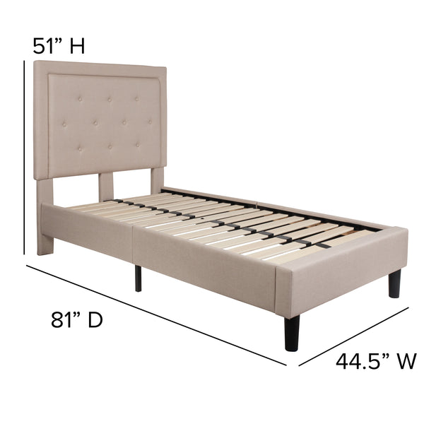 Beige,Twin |#| Twin Size Panel Tufted Upholstered Platform Bed in Beige Fabric