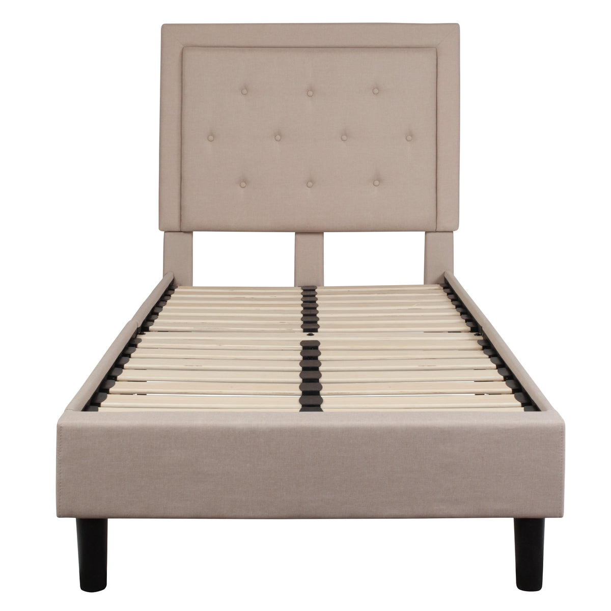 Beige,Twin |#| Twin Size Panel Tufted Upholstered Platform Bed in Beige Fabric