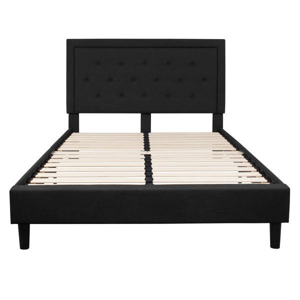 Black,Queen |#| Queen Size Panel Tufted Upholstered Platform Bed in Black Fabric