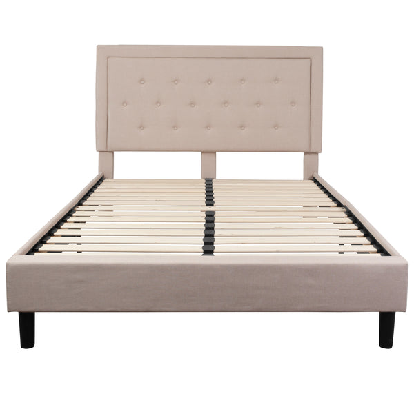 Beige,Queen |#| Queen Size Panel Tufted Upholstered Platform Bed in Beige Fabric