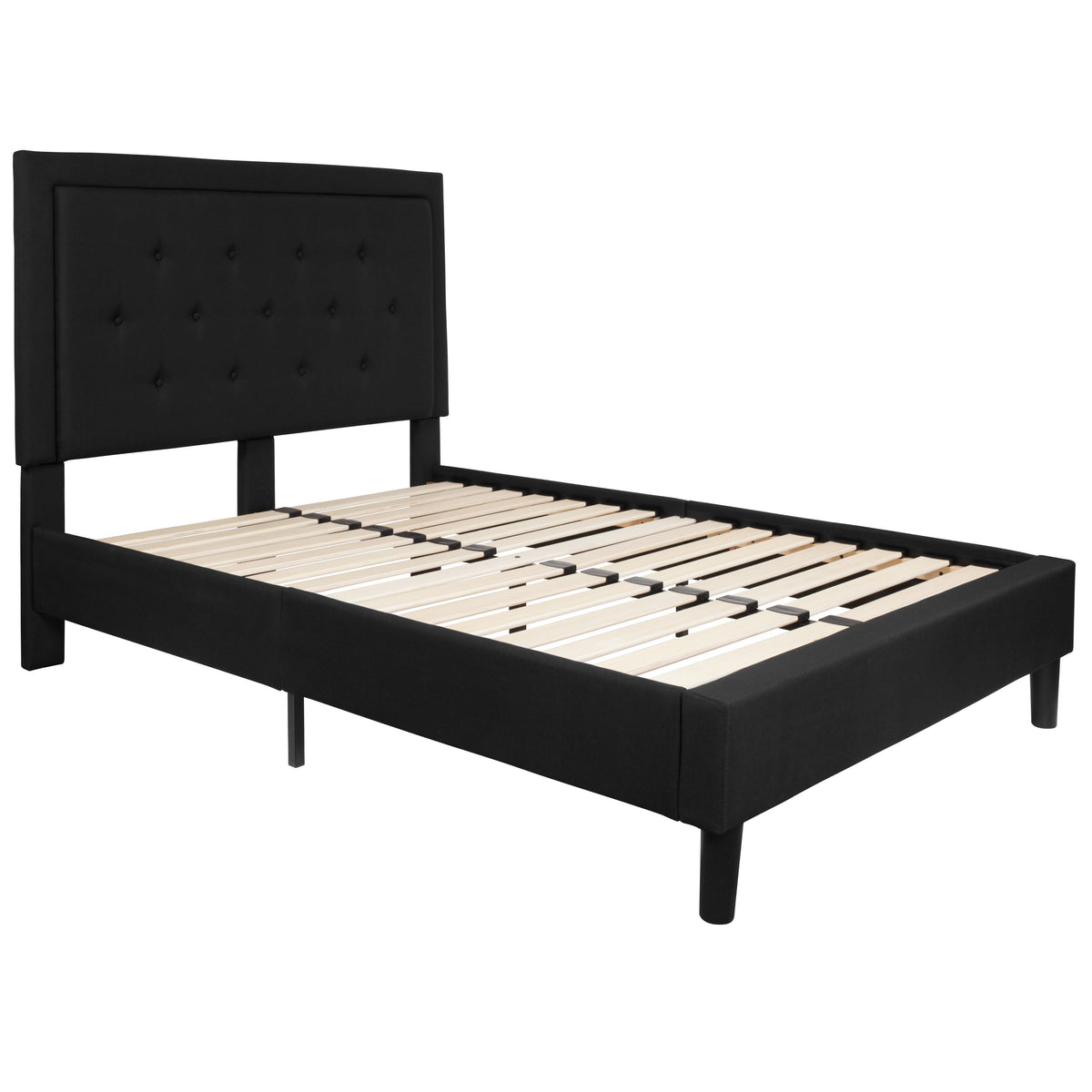 Black,Full |#| Full Size Panel Tufted Upholstered Platform Bed in Black Fabric