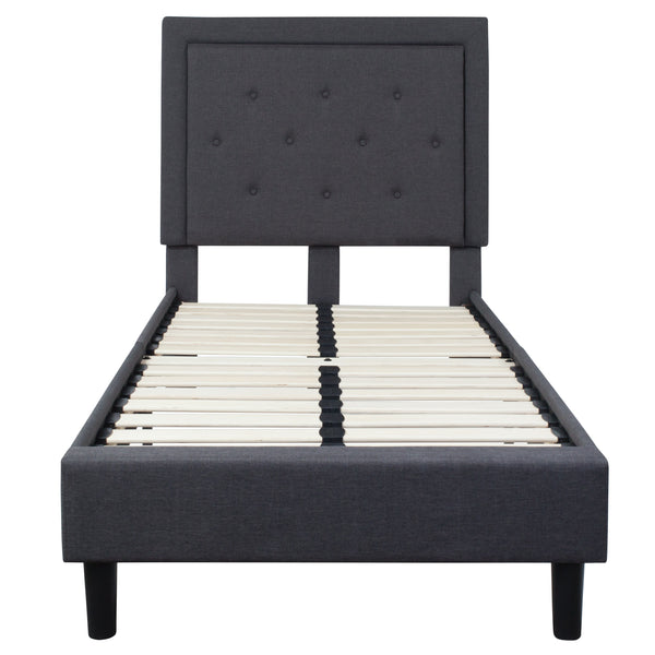 Dark Gray,Twin |#| Twin Size Panel Tufted Upholstered Platform Bed in Dark Gray Fabric