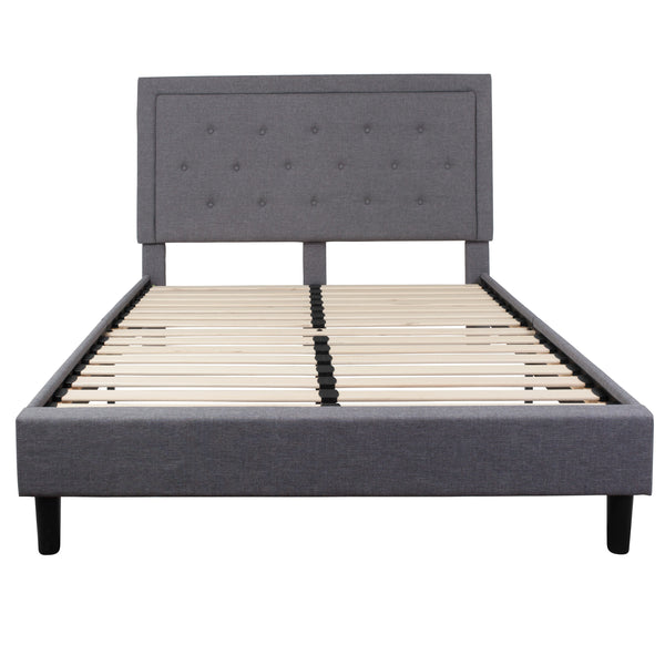 Light Gray,Queen |#| Queen Size Panel Tufted Upholstered Platform Bed in Light Gray Fabric