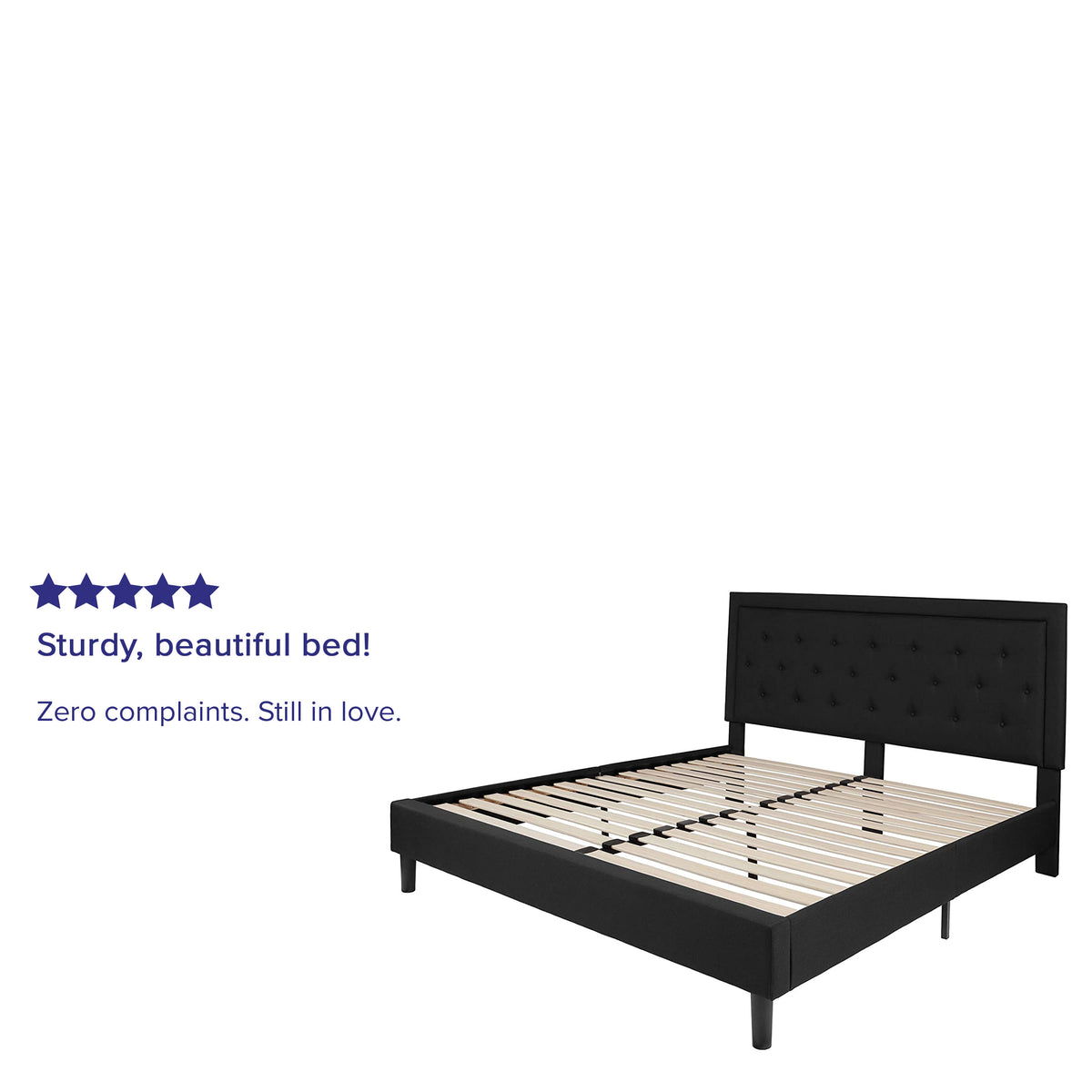 Black,King |#| King Size Panel Tufted Upholstered Platform Bed in Black Fabric