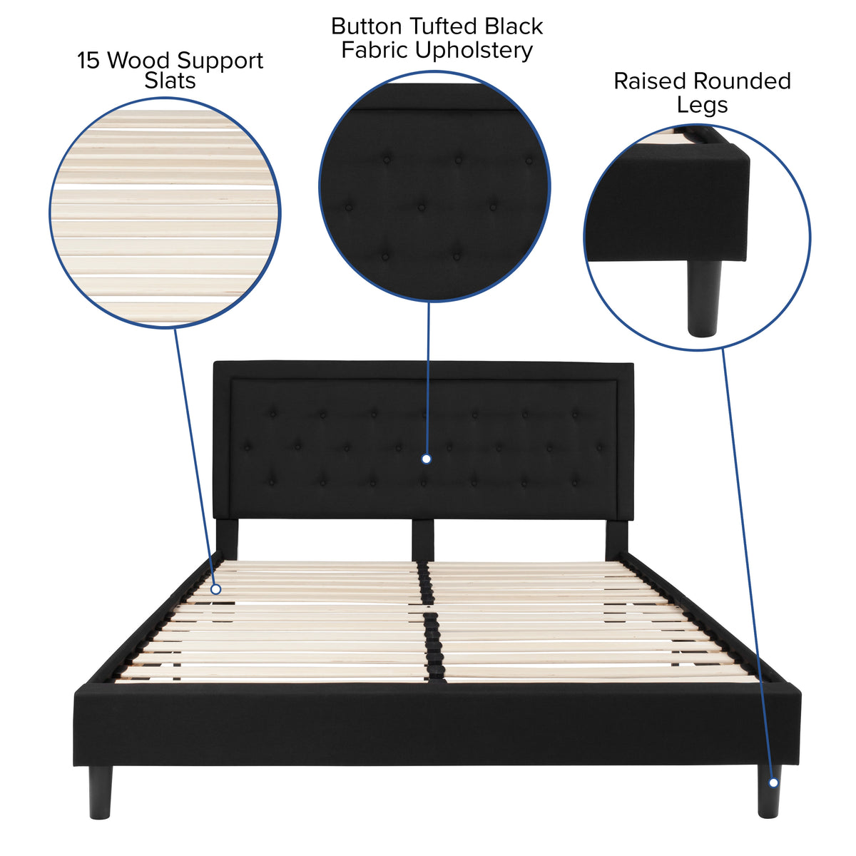 Black,King |#| King Size Panel Tufted Upholstered Platform Bed in Black Fabric