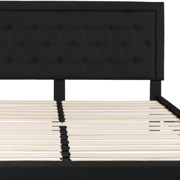 Black,King |#| King Size Panel Tufted Upholstered Platform Bed in Black Fabric