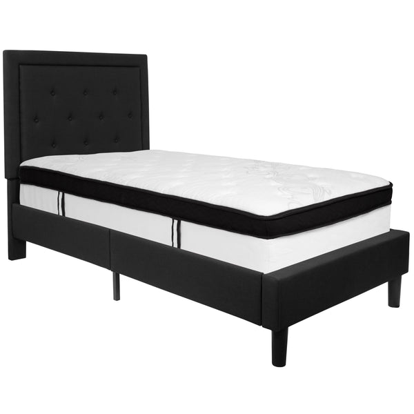 Black,Twin |#| Twin Size Panel Tufted Black Fabric Platform Bed with Memory Foam Mattress
