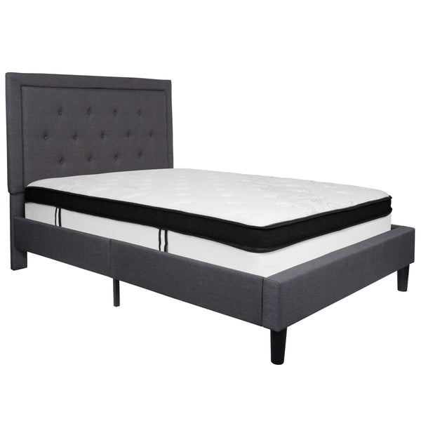 Dark Gray,Full |#| Full Size Panel Tufted Dark Gray Fabric Platform Bed with Memory Foam Mattress