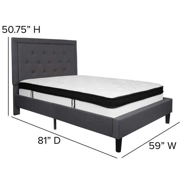 Dark Gray,Full |#| Full Size Panel Tufted Dark Gray Fabric Platform Bed with Memory Foam Mattress