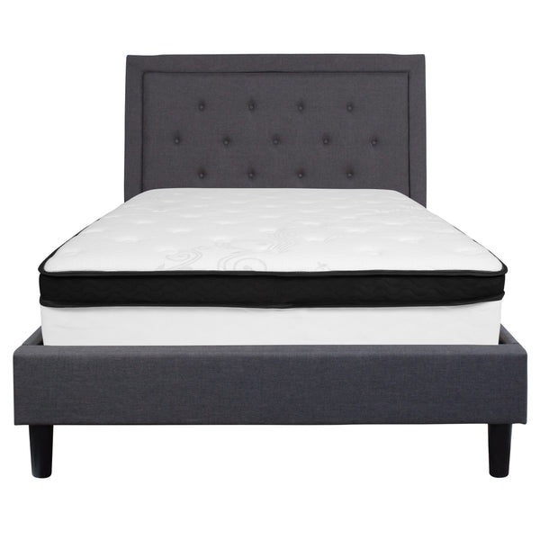 Dark Gray,Full |#| Full Size Panel Tufted Dark Gray Fabric Platform Bed with Memory Foam Mattress