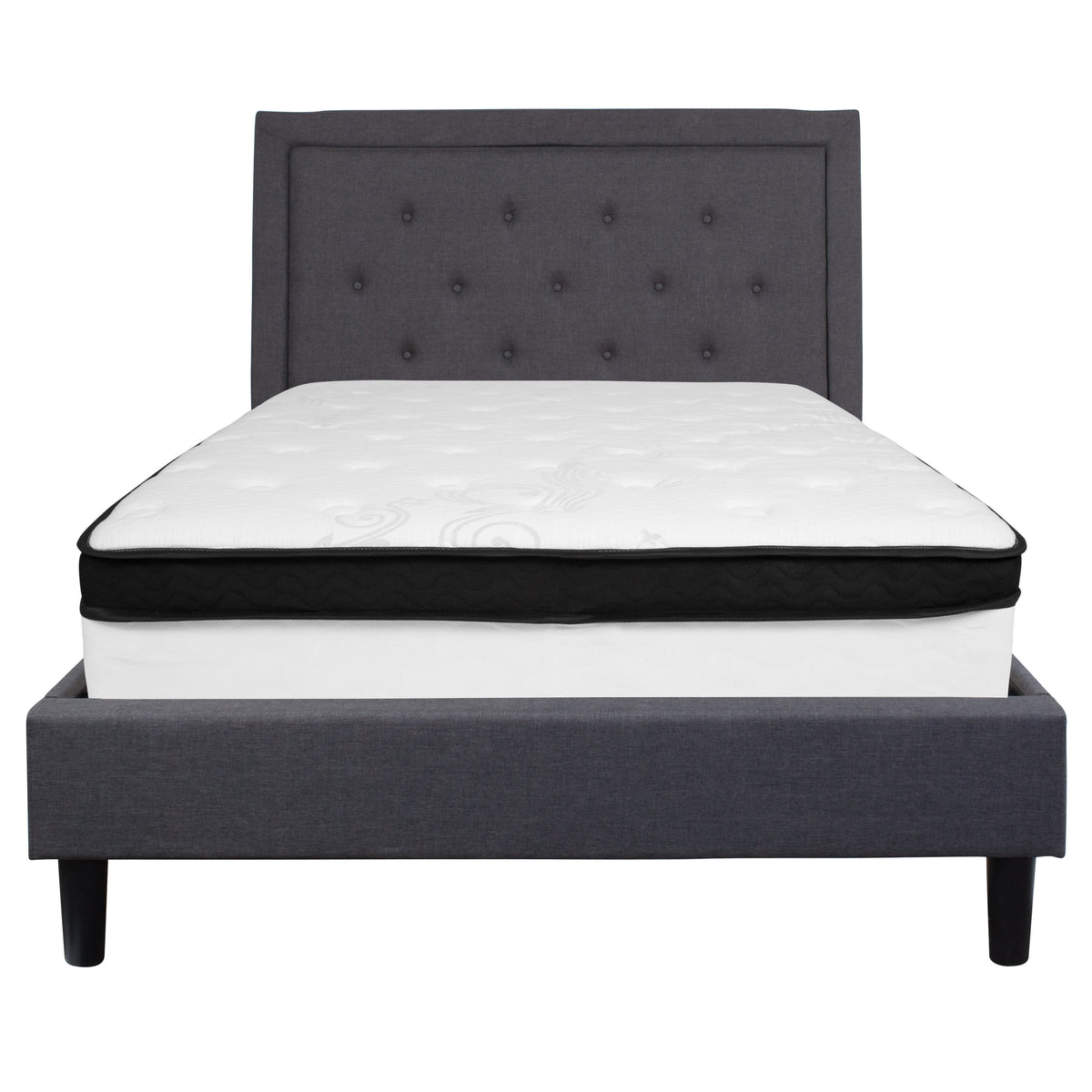 Dark Gray,Full |#| Full Size Panel Tufted Dark Gray Fabric Platform Bed with Memory Foam Mattress