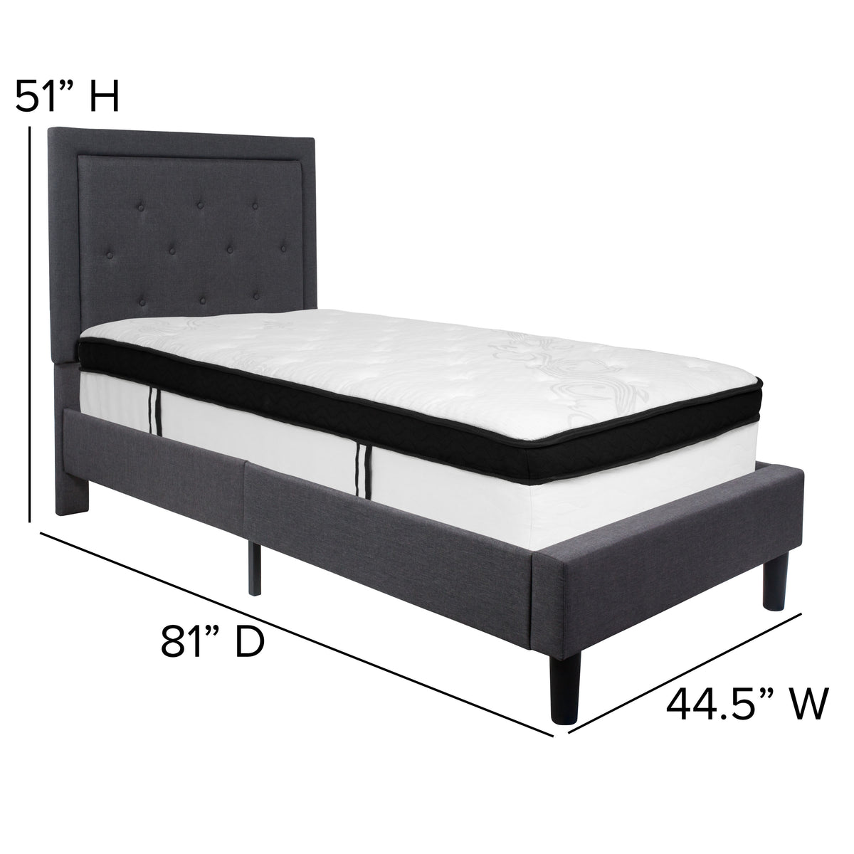 Dark Gray,Twin |#| Twin Size Panel Tufted Dark Gray Fabric Platform Bed with Memory Foam Mattress