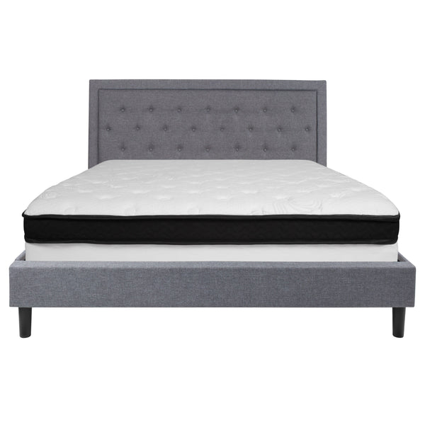 Light Gray,King |#| King Size Panel Tufted Light Gray Fabric Platform Bed with Memory Foam Mattress