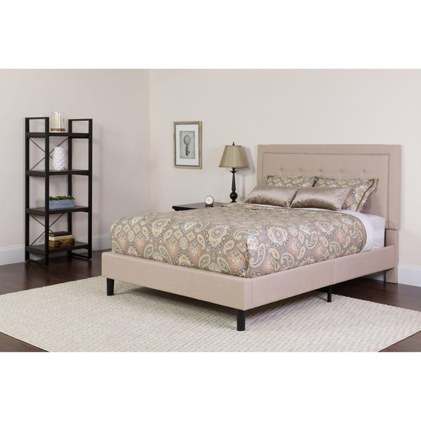 Beige,Queen |#| Queen Size Panel Tufted Beige Fabric Platform Bed with Memory Foam Mattress