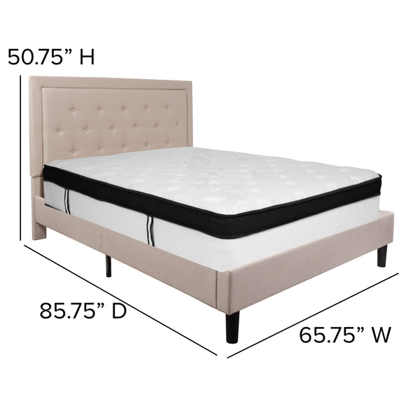 Beige,Queen |#| Queen Size Panel Tufted Beige Fabric Platform Bed with Memory Foam Mattress