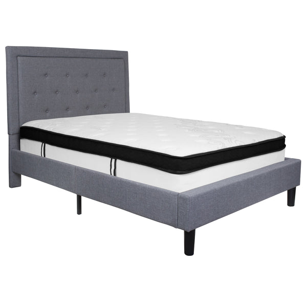 Light Gray,Full |#| Full Size Panel Tufted Light Gray Fabric Platform Bed with Memory Foam Mattress