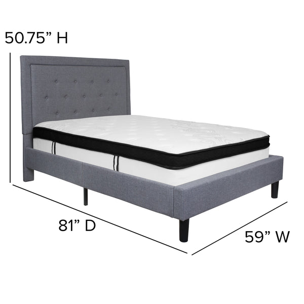 Light Gray,Full |#| Full Size Panel Tufted Light Gray Fabric Platform Bed with Memory Foam Mattress